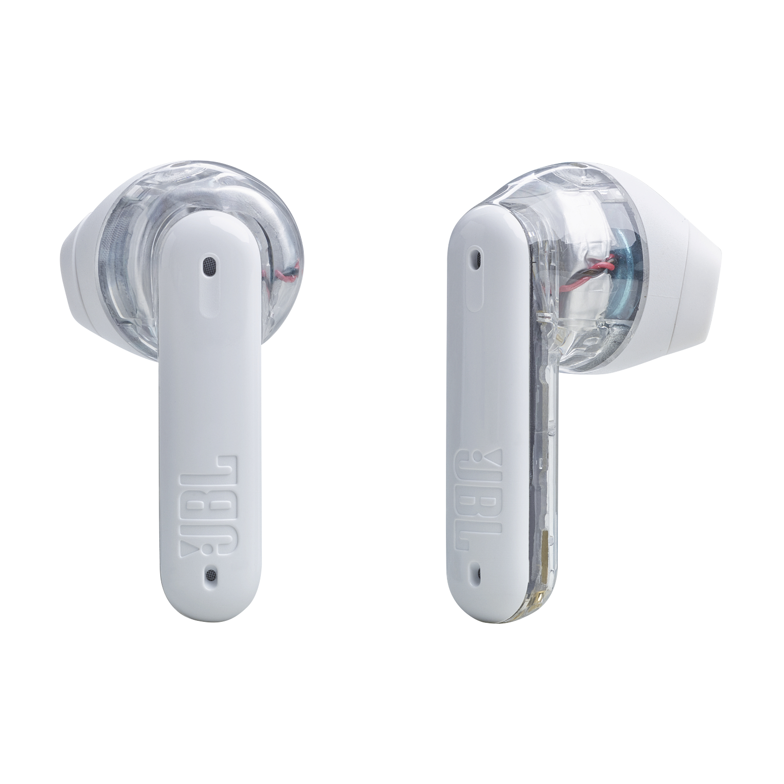 Due auricolari JBL bianchi con parte superiore trasparente che mostrano l'elettronica interna.
