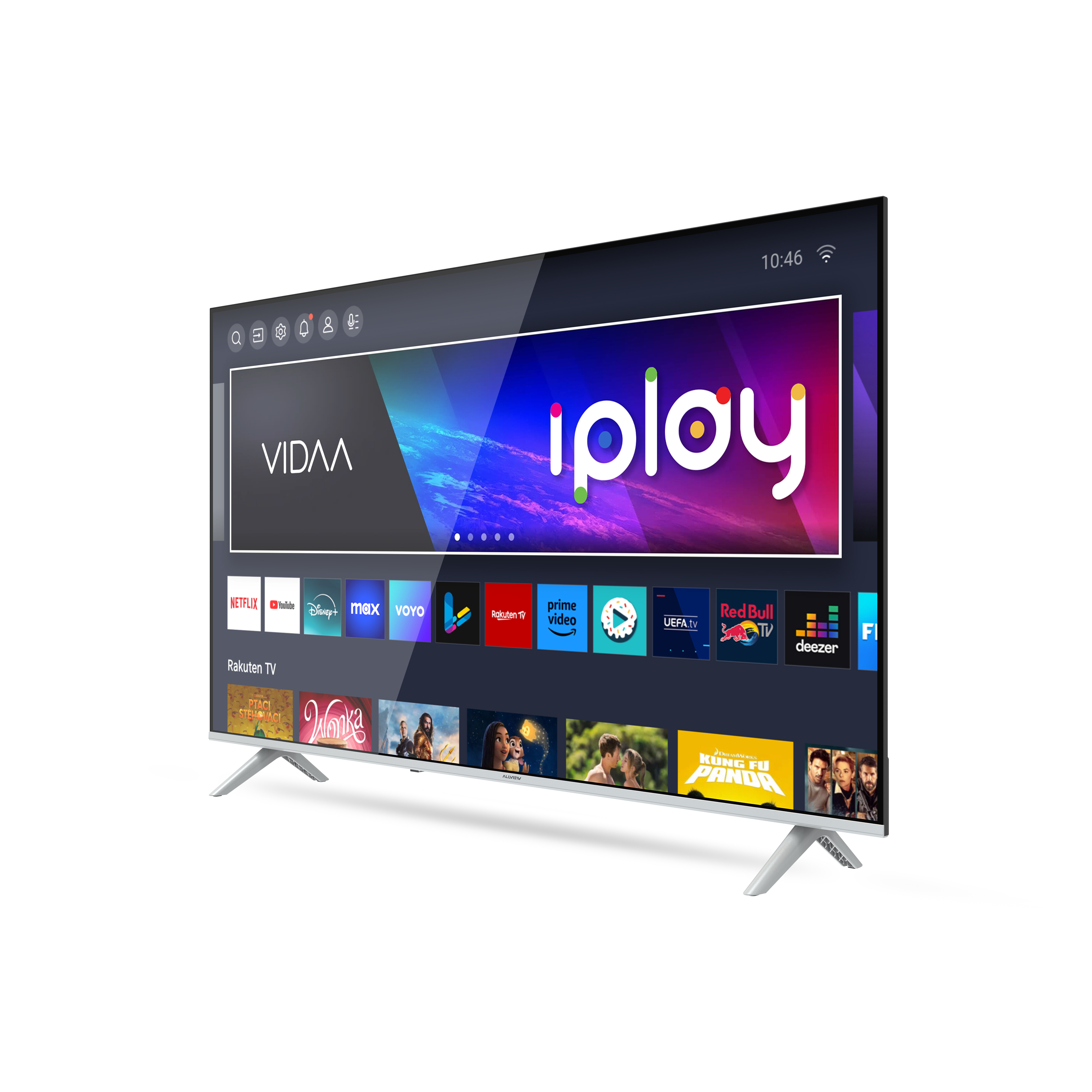 Télévision moderne avec icônes d'applications à l'écran et pied argenté.