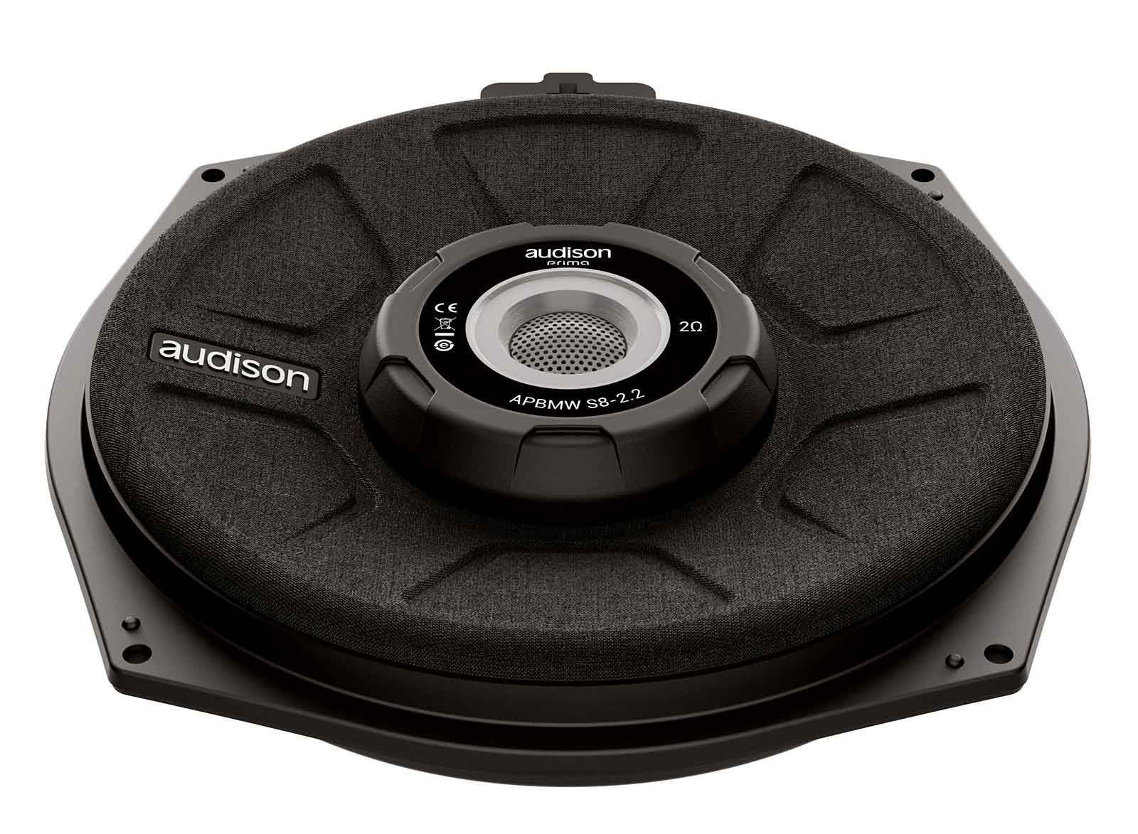 Schwarzer Audiosubwoofer mit dem Audison-Logo und technischen Details.