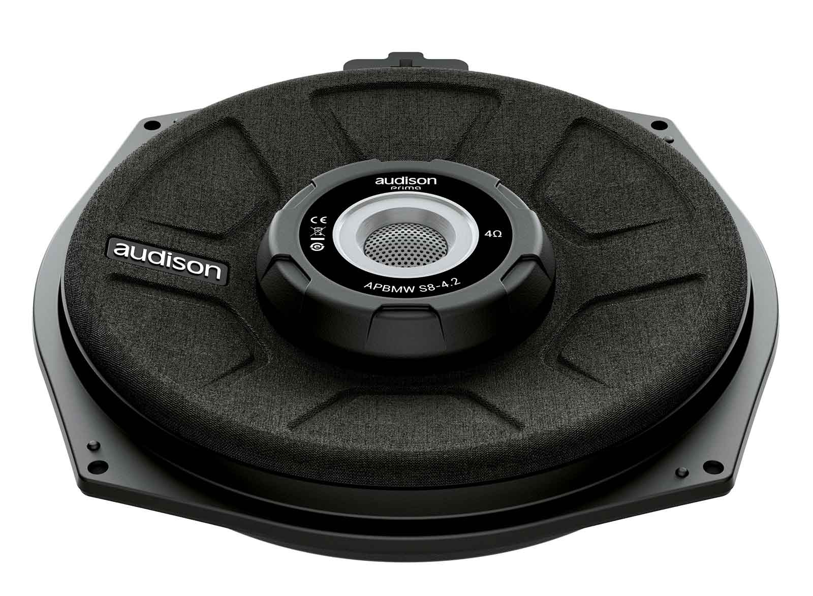 Audison Lautsprecher, schwarz, mit silbernem Gitter in der Mitte.