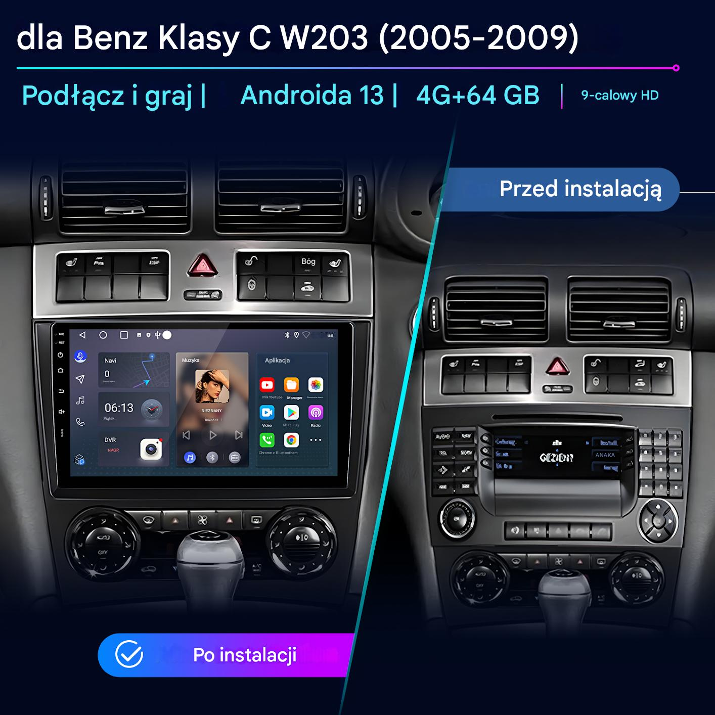 Ekran Mercedesa C W203 (2005-2009) z nawigacją, muzyką i aplikacjami.