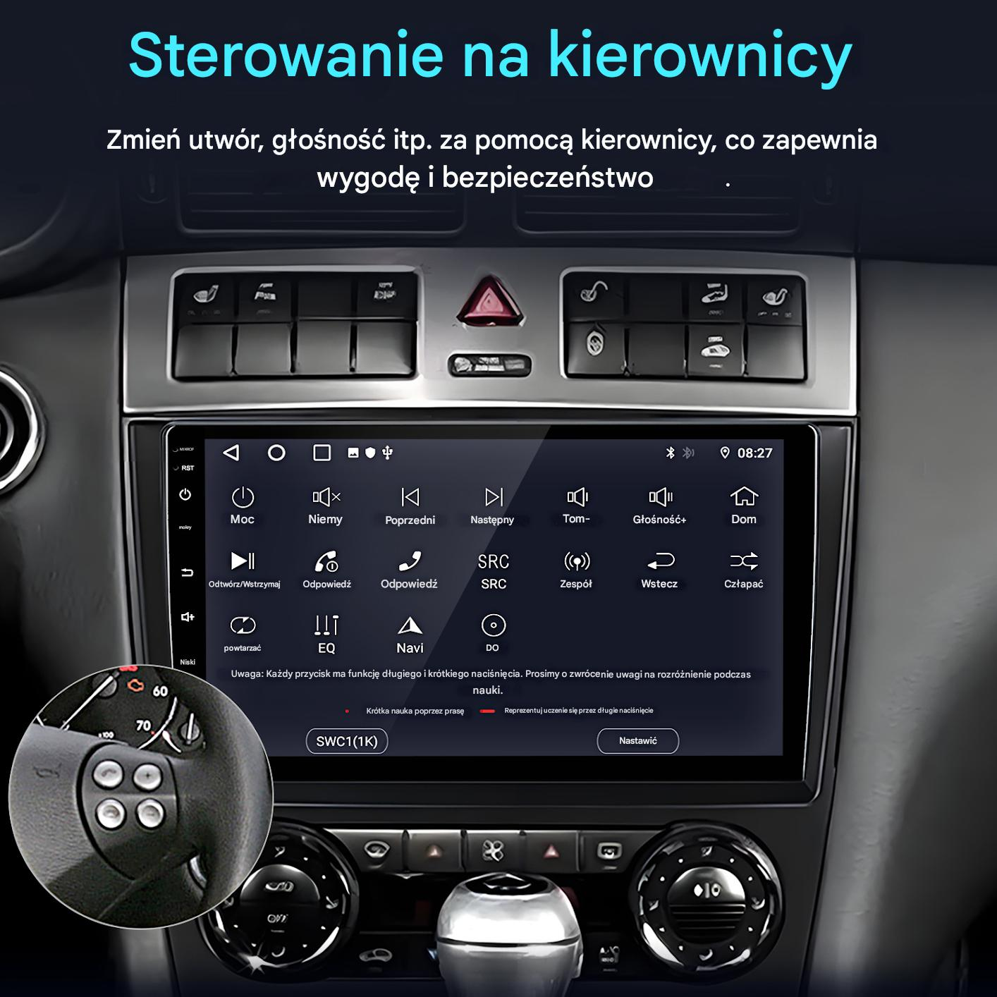 Ekran radia samochodowego z przyciskami na kierownicy i ikonami.