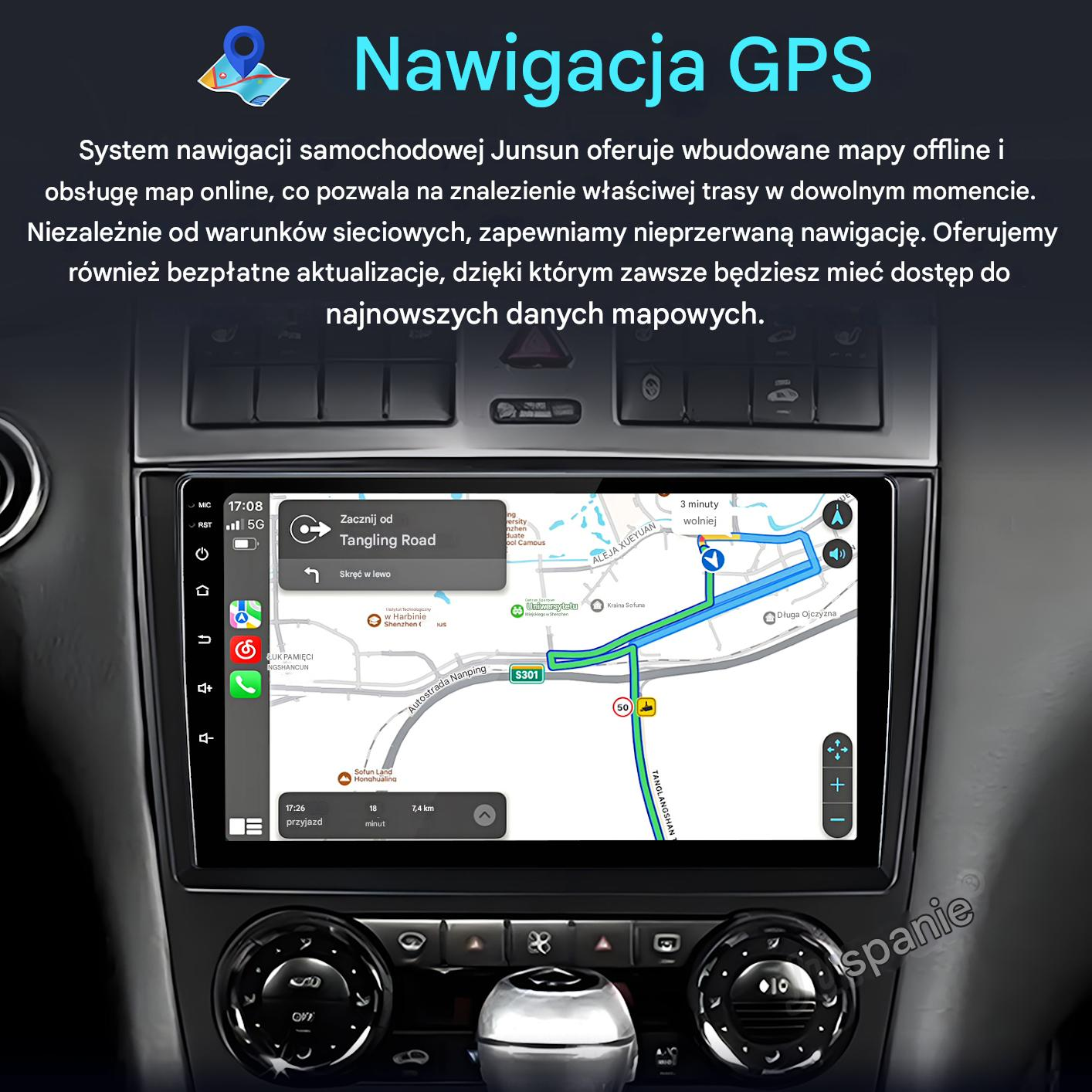 Samochodowy system nawigacji GPS wyświetla trasę na ekranie.