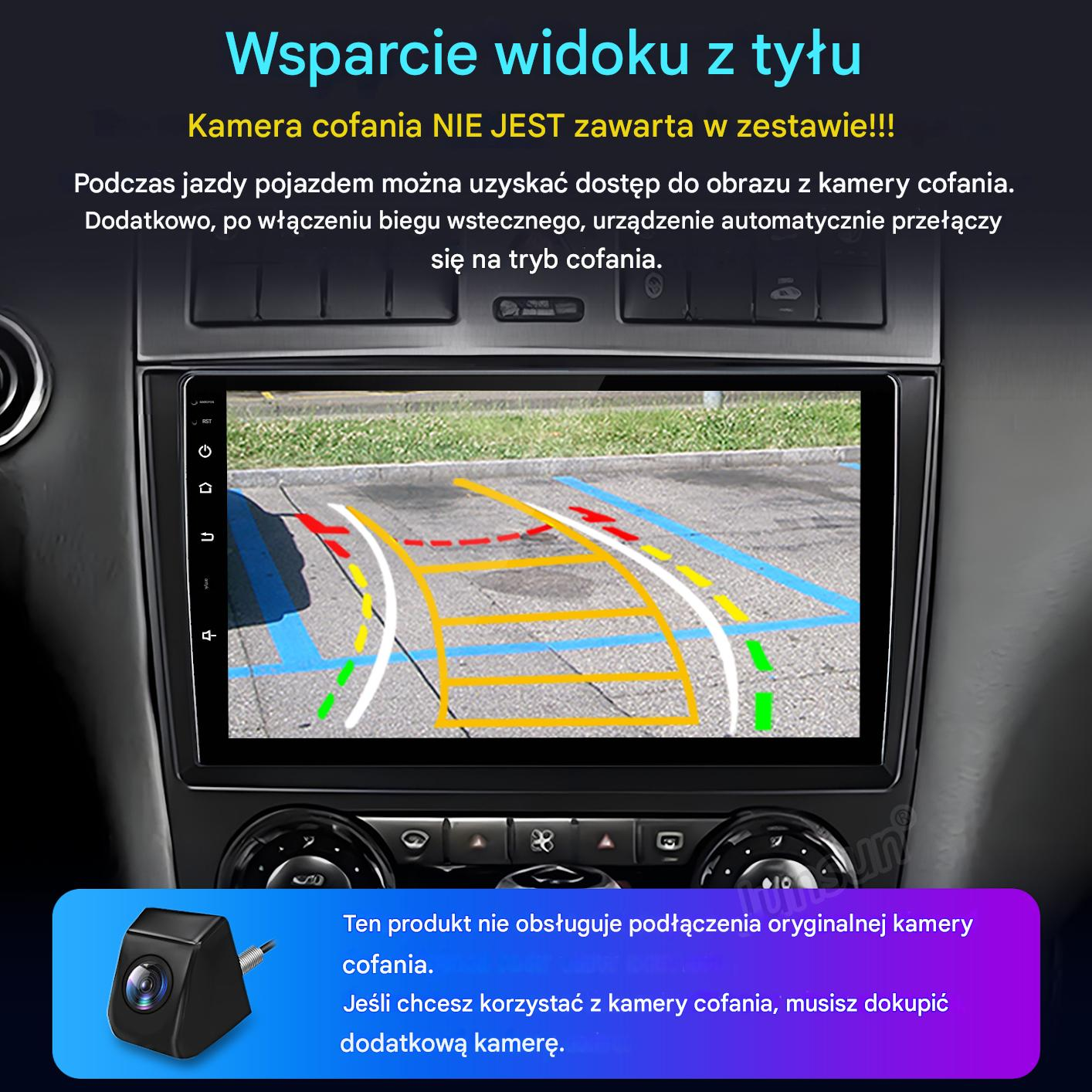 System infotainment samochodu z widokiem z kamery cofania i osobną kamerą.