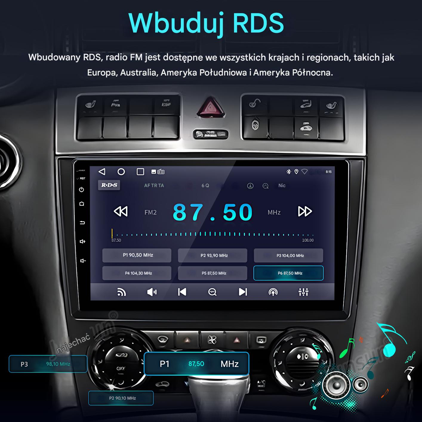 Ekran radia samochodowego wyświetla FM2 87.50 MHz z zaprogramowanymi stacjami.