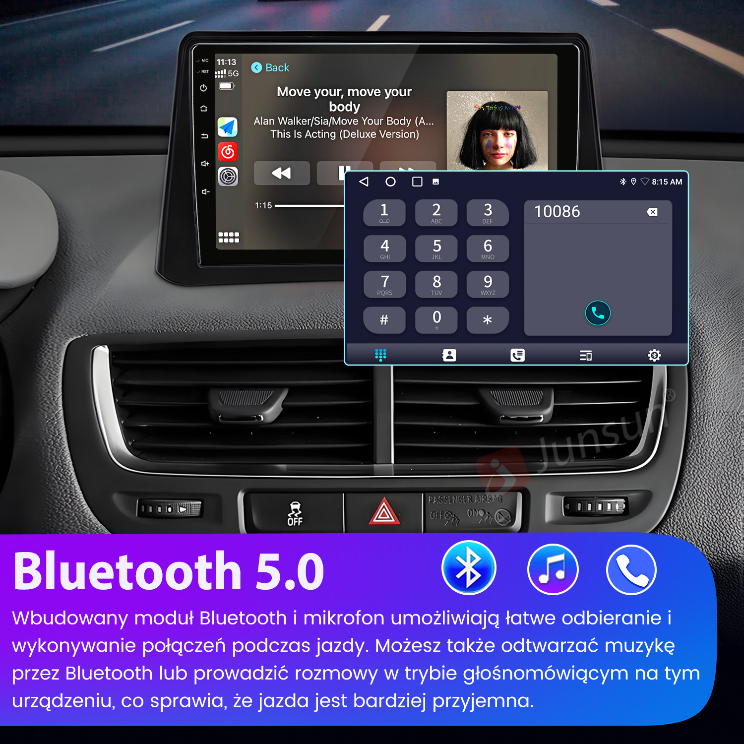 Wnętrze samochodu z ekranem multimedialnym pokazującym muzykę i klawiaturę.