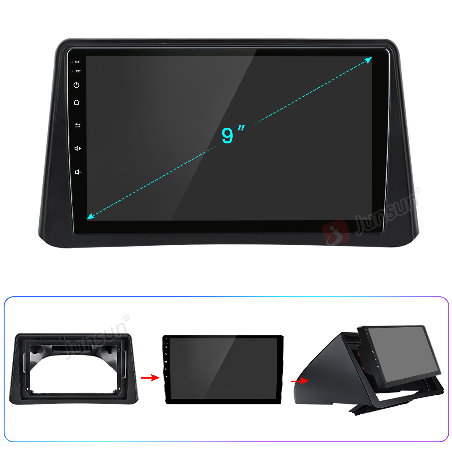 9-calowy samochodowy system multimedialny z przyciskami bocznymi i widokami instalacji.
