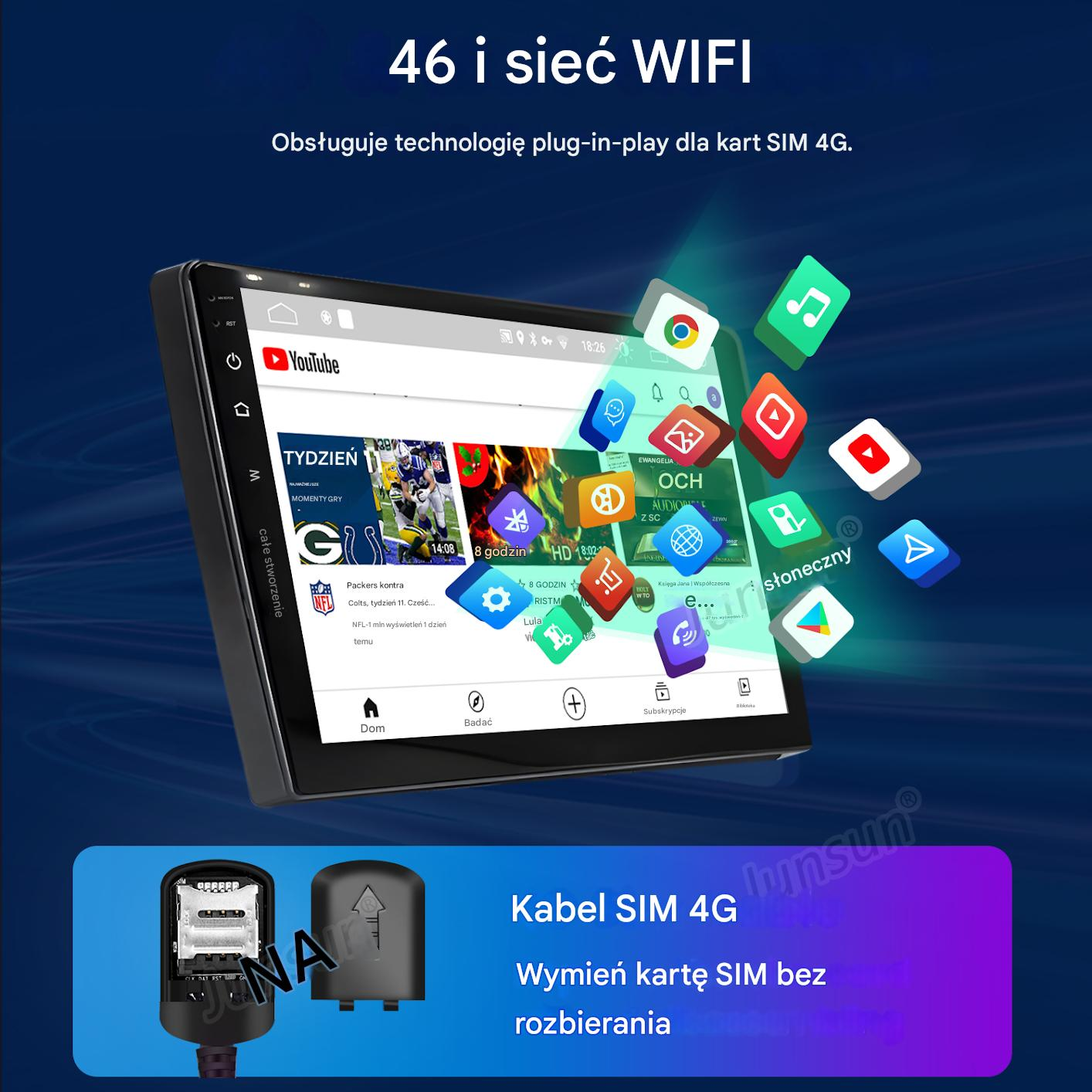 Radio samochodowe wyświetlające aplikacje jak YouTube, muzyka i gry, z opcją karty SIM 4G.