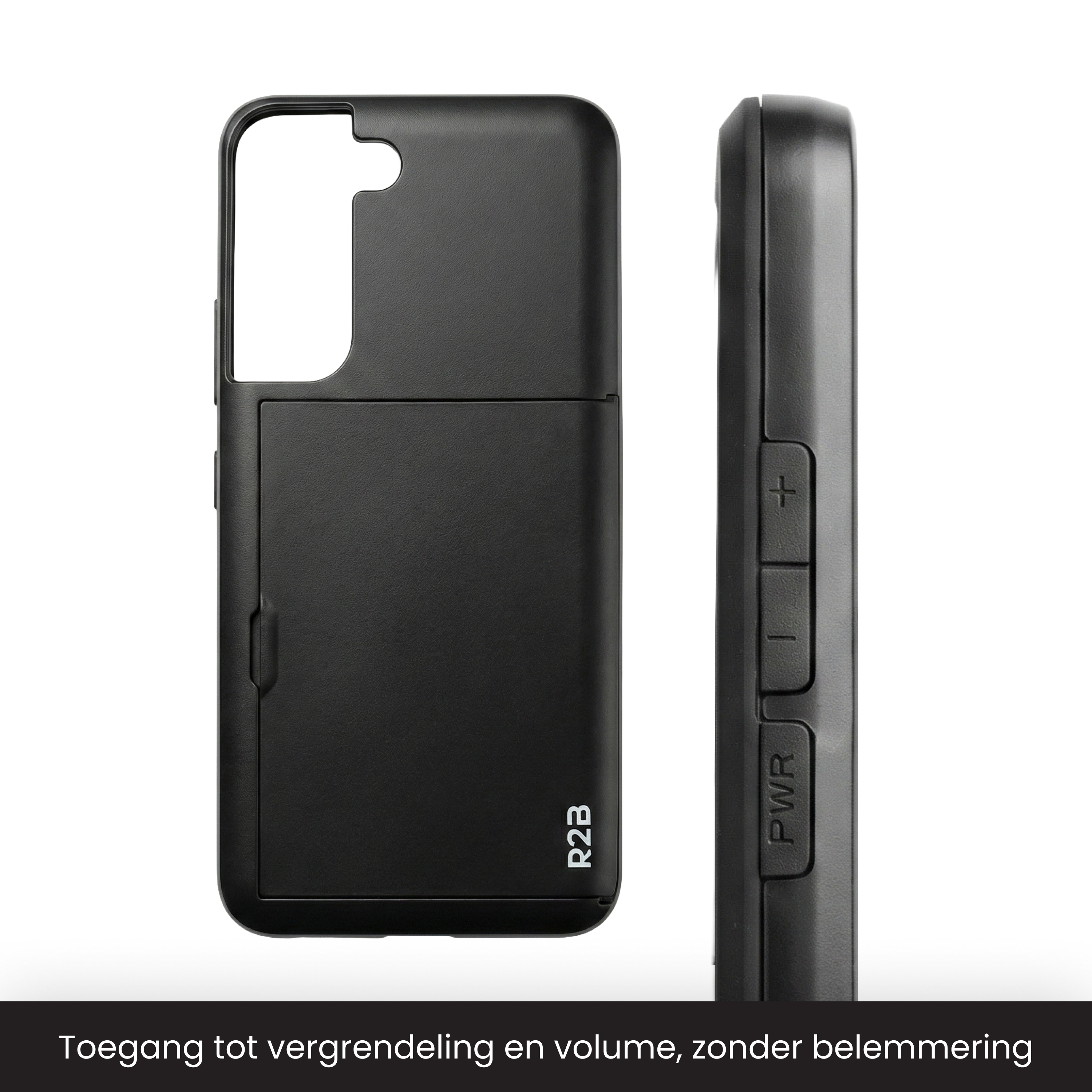 Coque de téléphone noire avec fente pour carte et boutons latéraux.