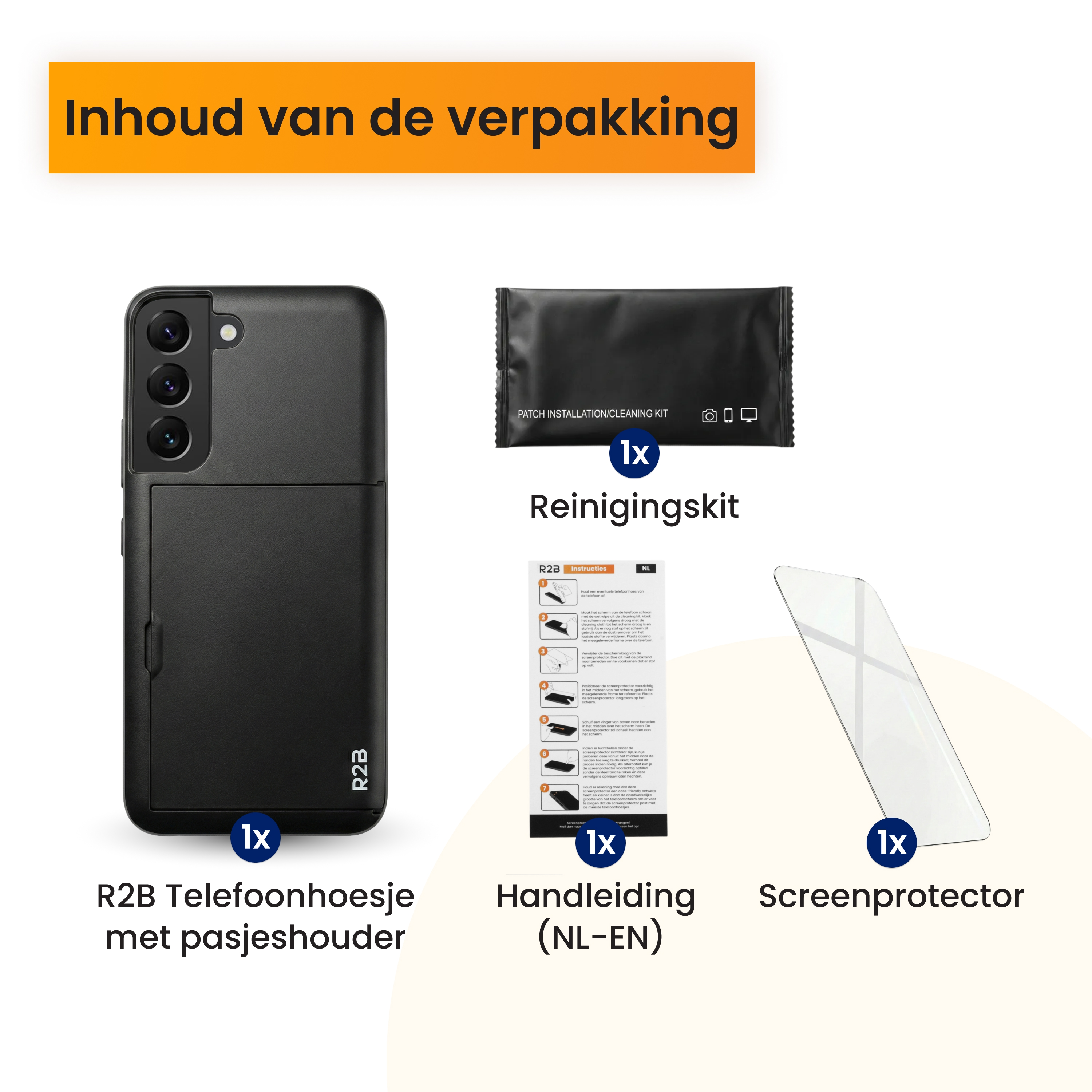 Contenu de l'emballage : Étui de téléphone, kit de nettoyage, manuel, protecteur d'écran.