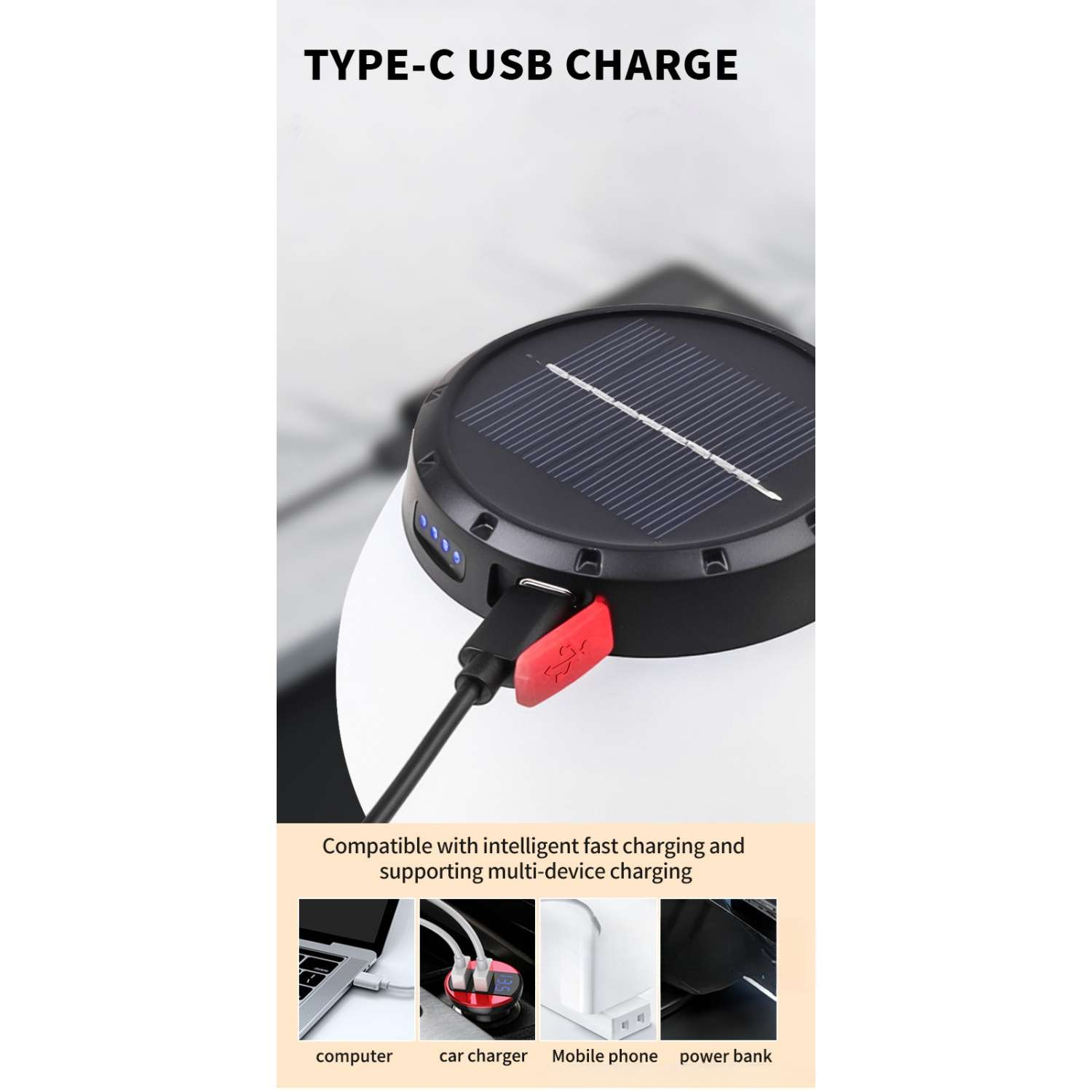 Rundes Solarpanel mit USB-C-Anschluss, Kabel und Ladeoptionen.