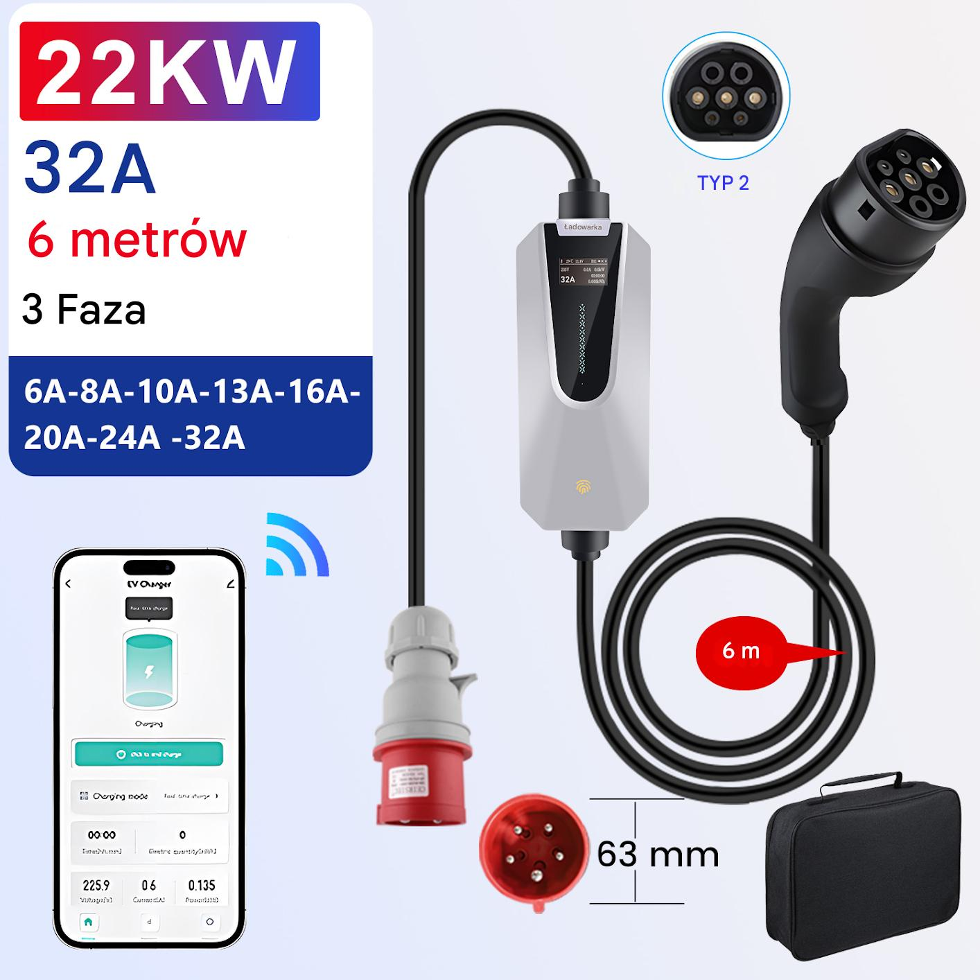 Ładowarka EV z kablem 6m, wtyczka Typ 2, 22kW, 32A.