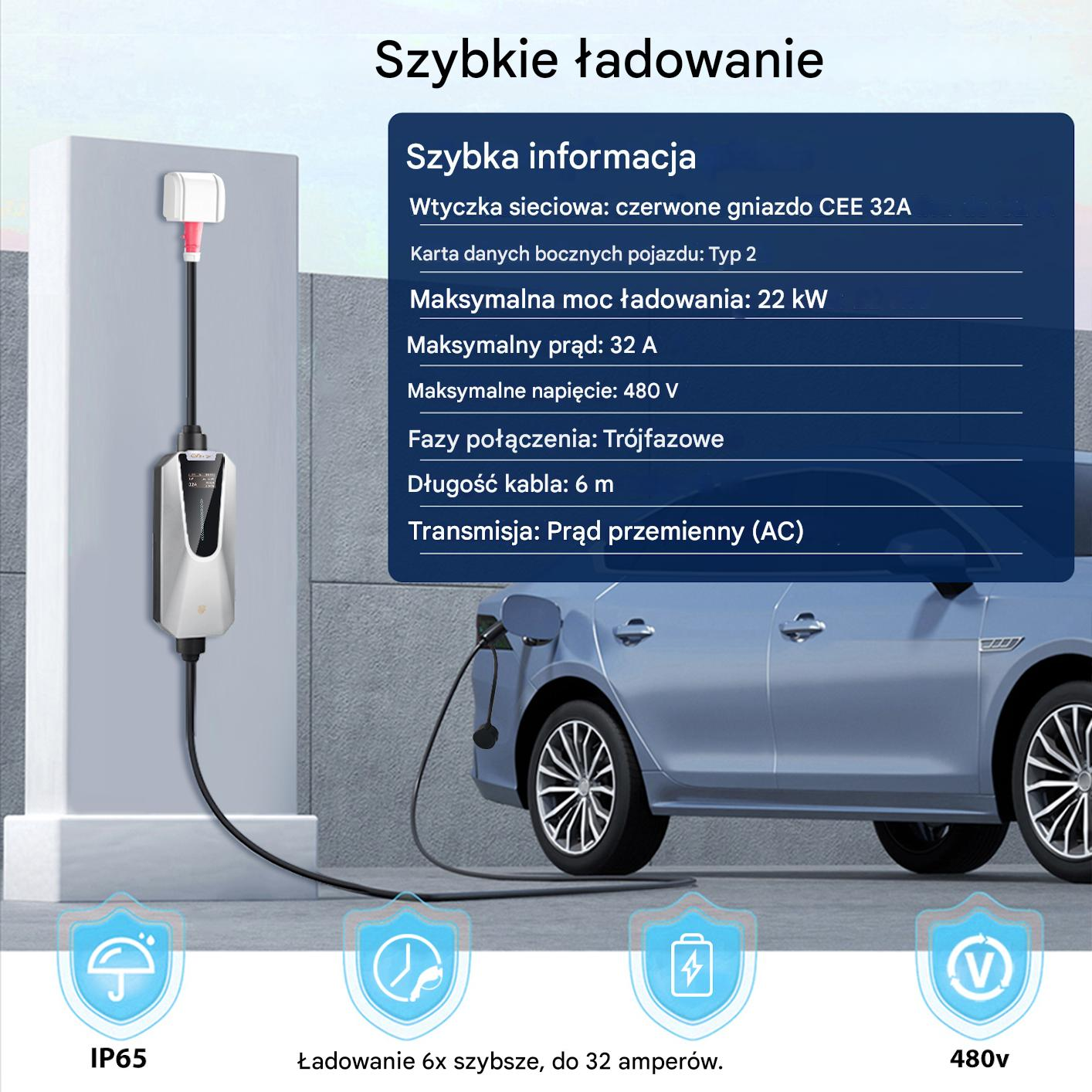 Samochód elektryczny ładuje się na stacji, z informacjami o mocy i napięciu.