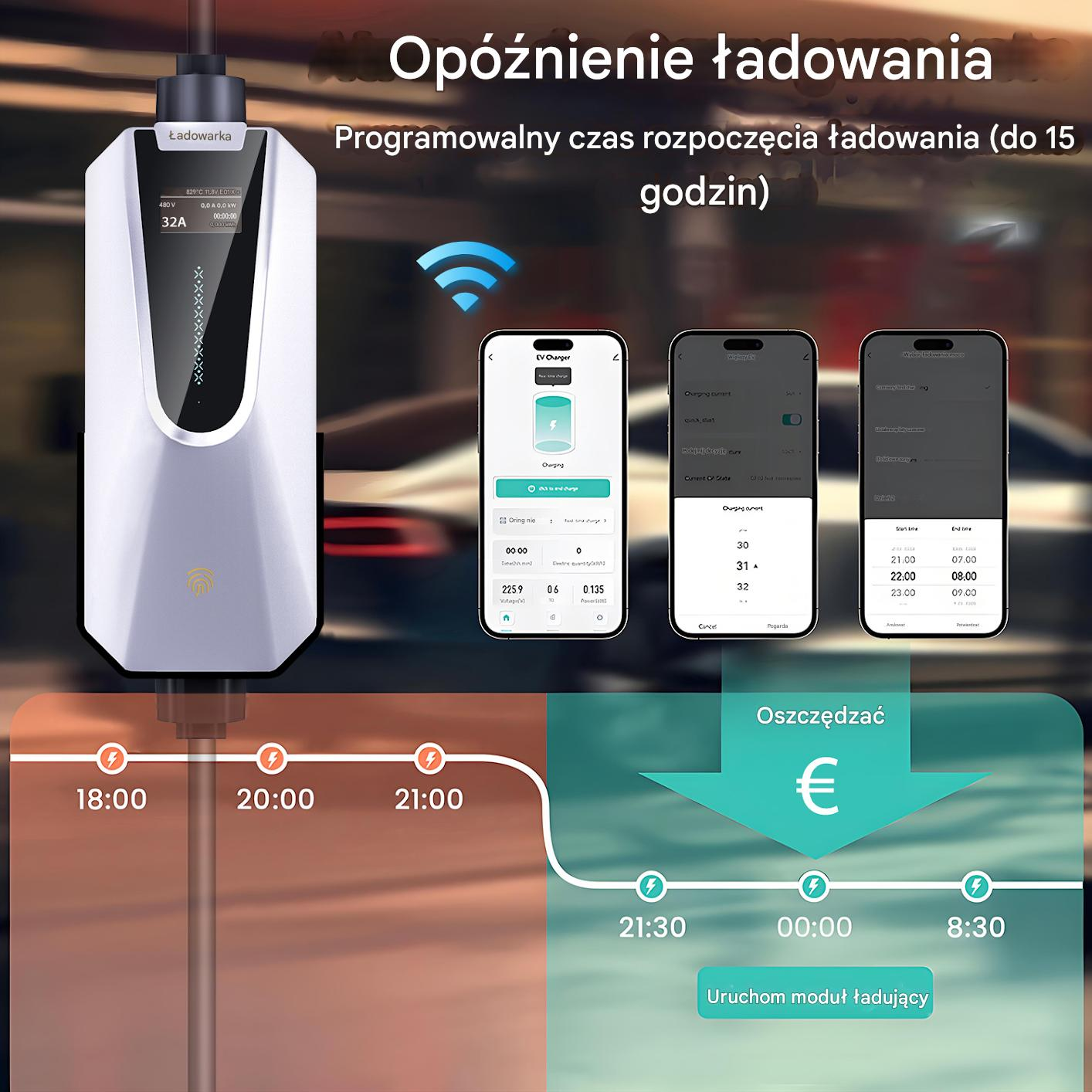Ładowarka EV z aplikacją do planowania na trzech telefonach pokazuje czasy ładowania i oszczędności.