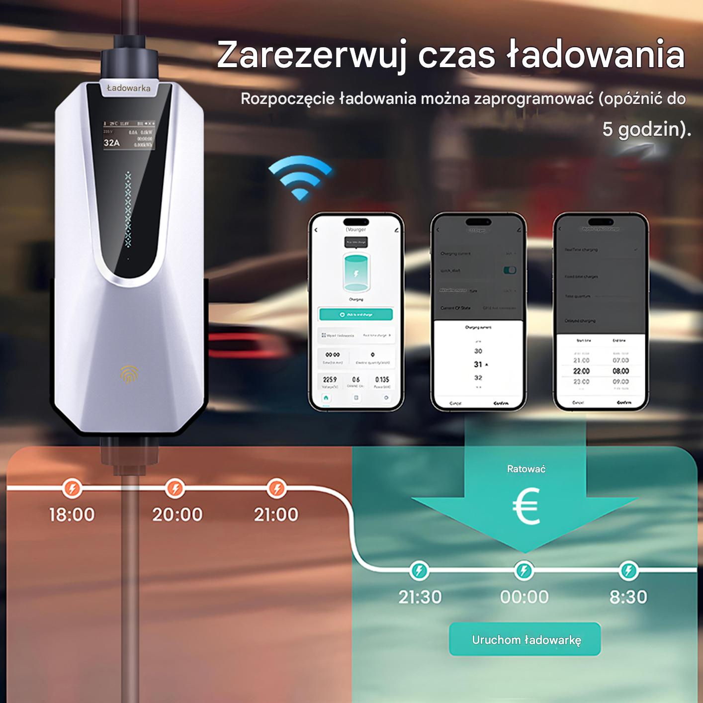 Ładowarka EV z aplikacjami na telefon pokazującymi harmonogram ładowania. Wyświetlone godziny i symbol Euro.