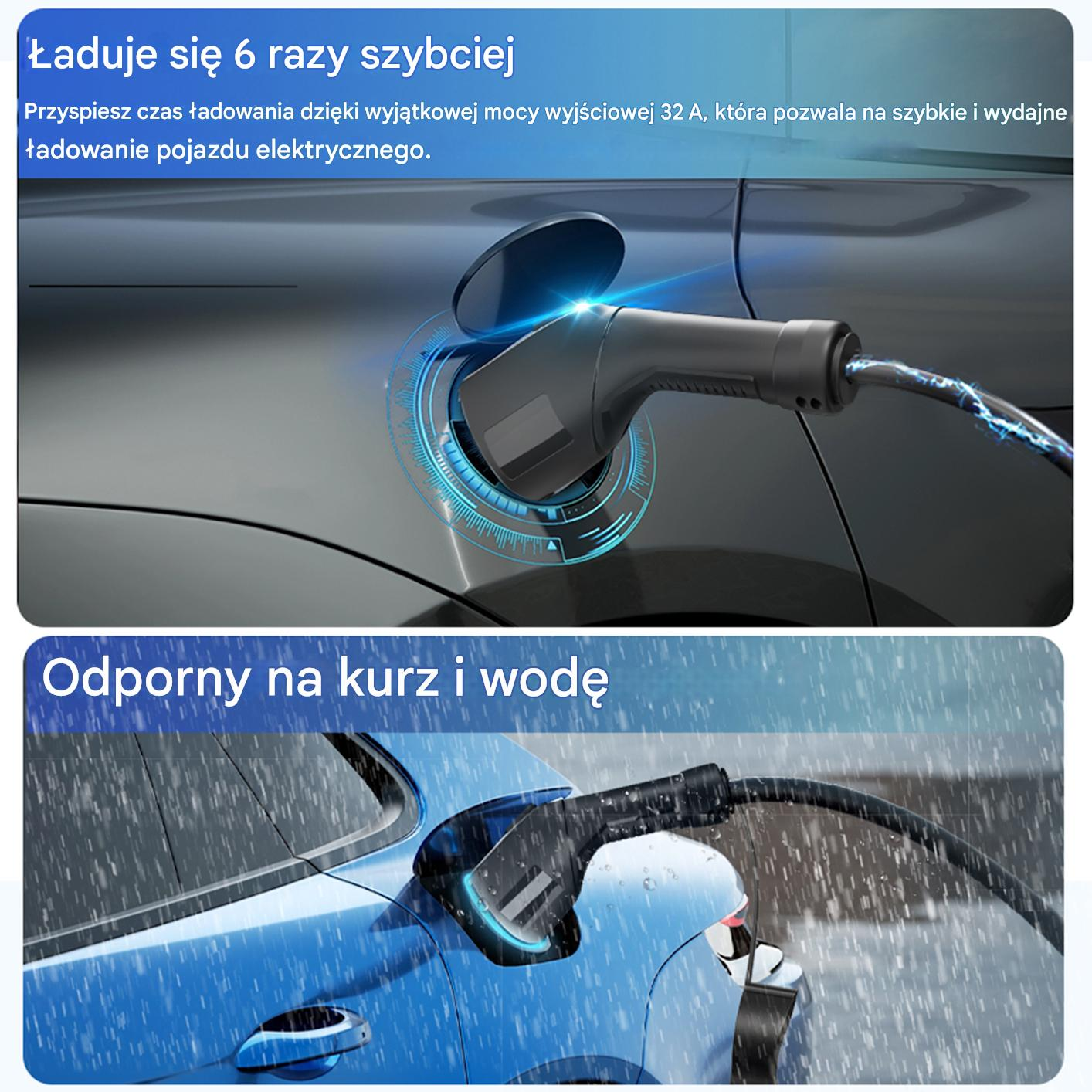 Samochód elektryczny jest ładowany kablem podłączonym do pojazdu.