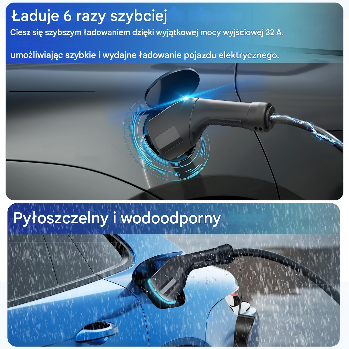 Czarna wtyczka ładowania wpięta do samochodu elektrycznego. Pada deszcz.