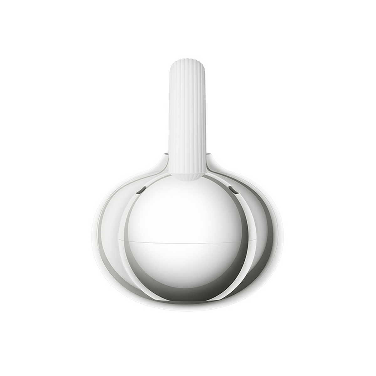 Een wit, rond object met een geribbelde handgreep bovenop.