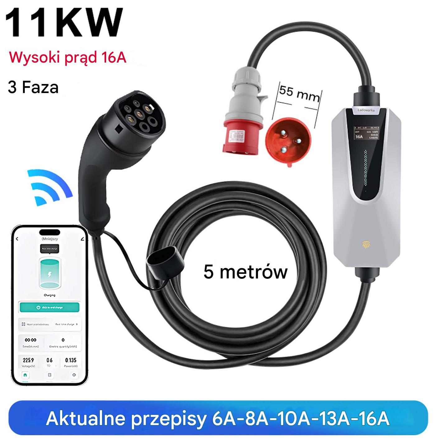 Ładowarka EV 11KW, 16A, 3-fazowa z kablem 5m i wyświetlaczem aplikacji.