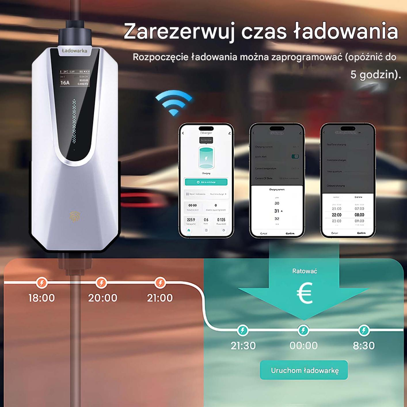 Ładowarka samochodowa pokazuje harmonogramy ładowania i sterowanie apką z symbolem euro.