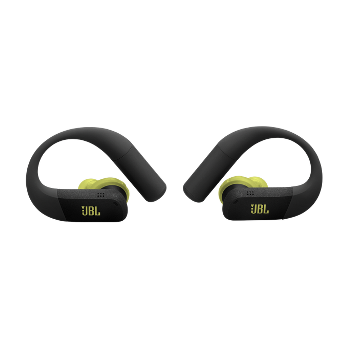 Czarne słuchawki JBL z żółtymi akcentami i pałąkami.