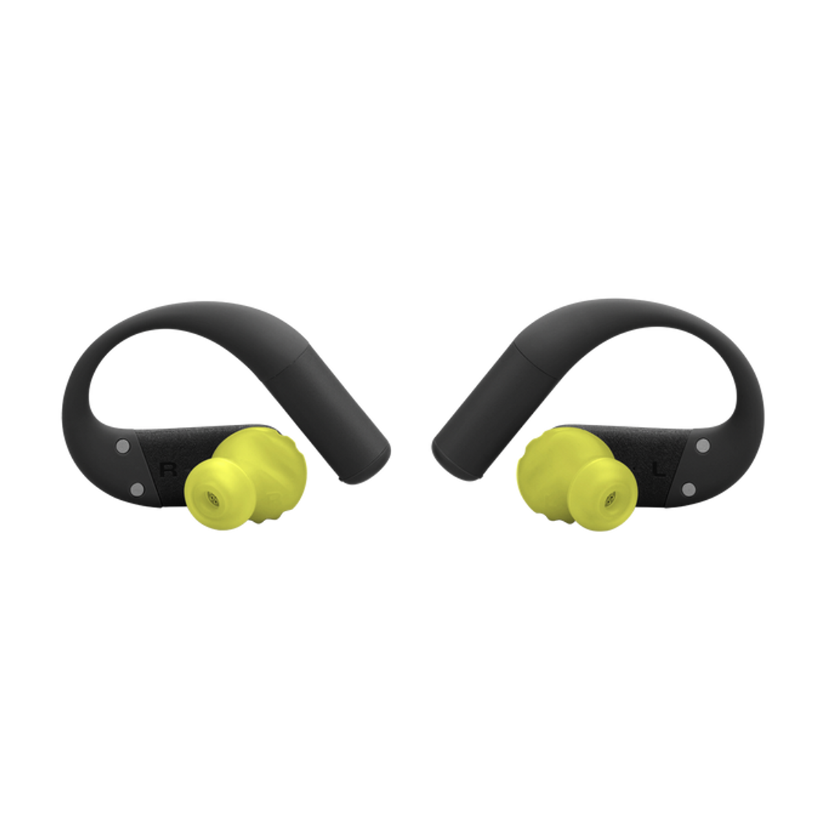 Czarne słuchawki bezprzewodowe z żółtymi końcówkami i pałąkami nauszne, oznaczone L i R.
