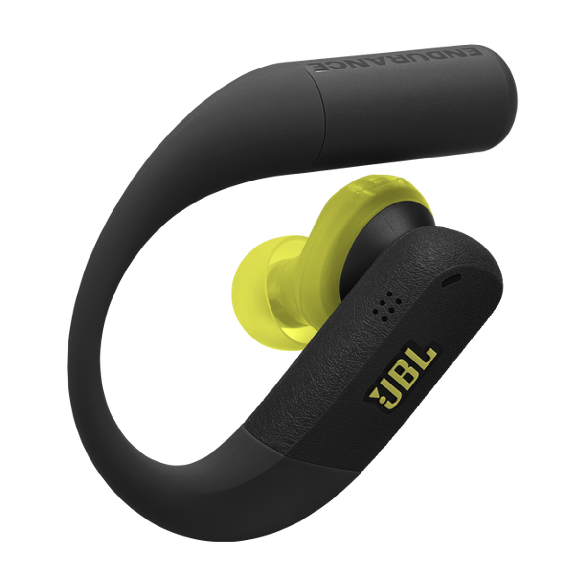 Czarny douszny JBL z żółtą nakładką i zaczepem na ucho. Napis Endurance.