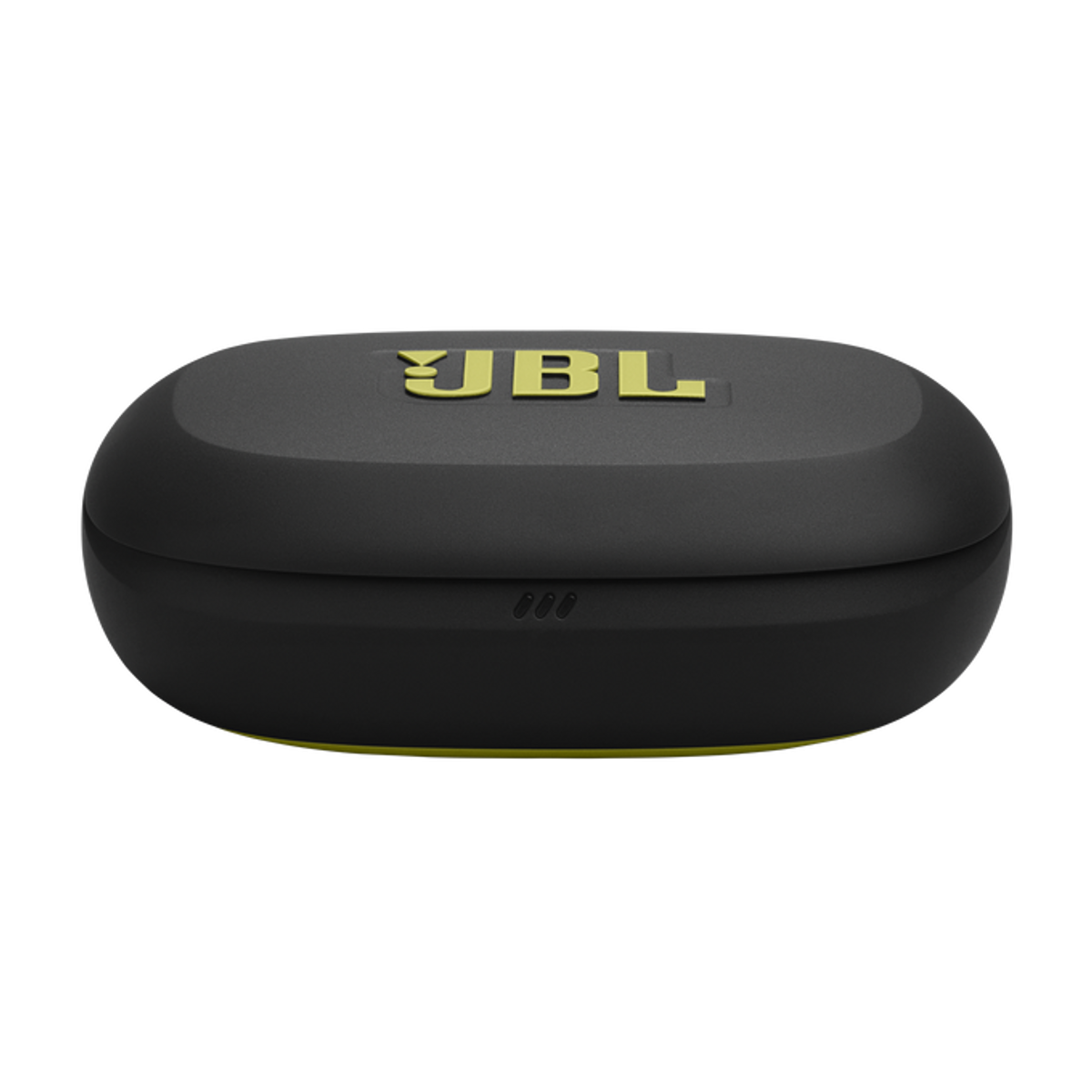 Czarne etui ładujące JBL z żółtym logo i żółtym paskiem.