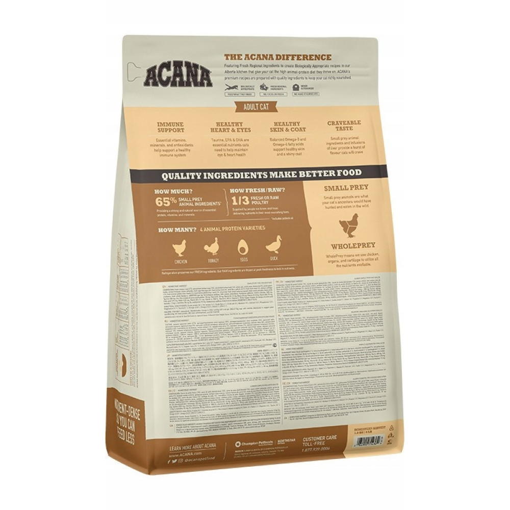 Tył opakowania karmy dla kotów Acana z informacjami o zdrowiu, składnikach i gatunkach zwierząt.