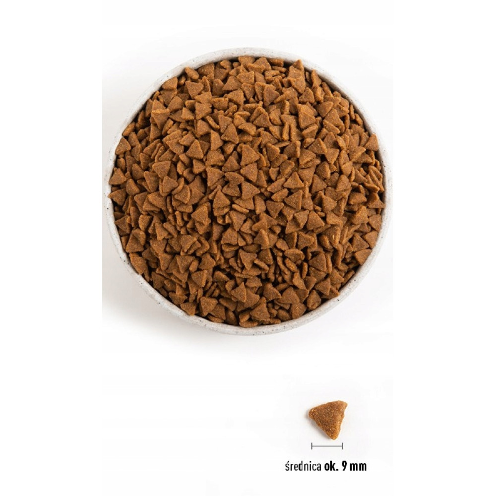 Miska pełna brązowej, trójkątnej karmy, obok pokazano pojedynczy kawałek.