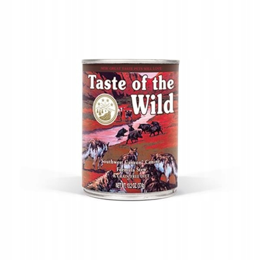 Puszka karmy dla psów "Taste of the Wild" z wilkami i dzikami.