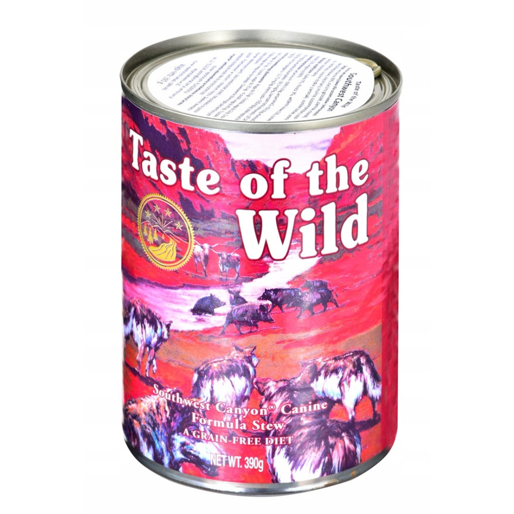 Puszka karmy dla psów "Taste of the Wild" ze zwierzętami leśnymi.