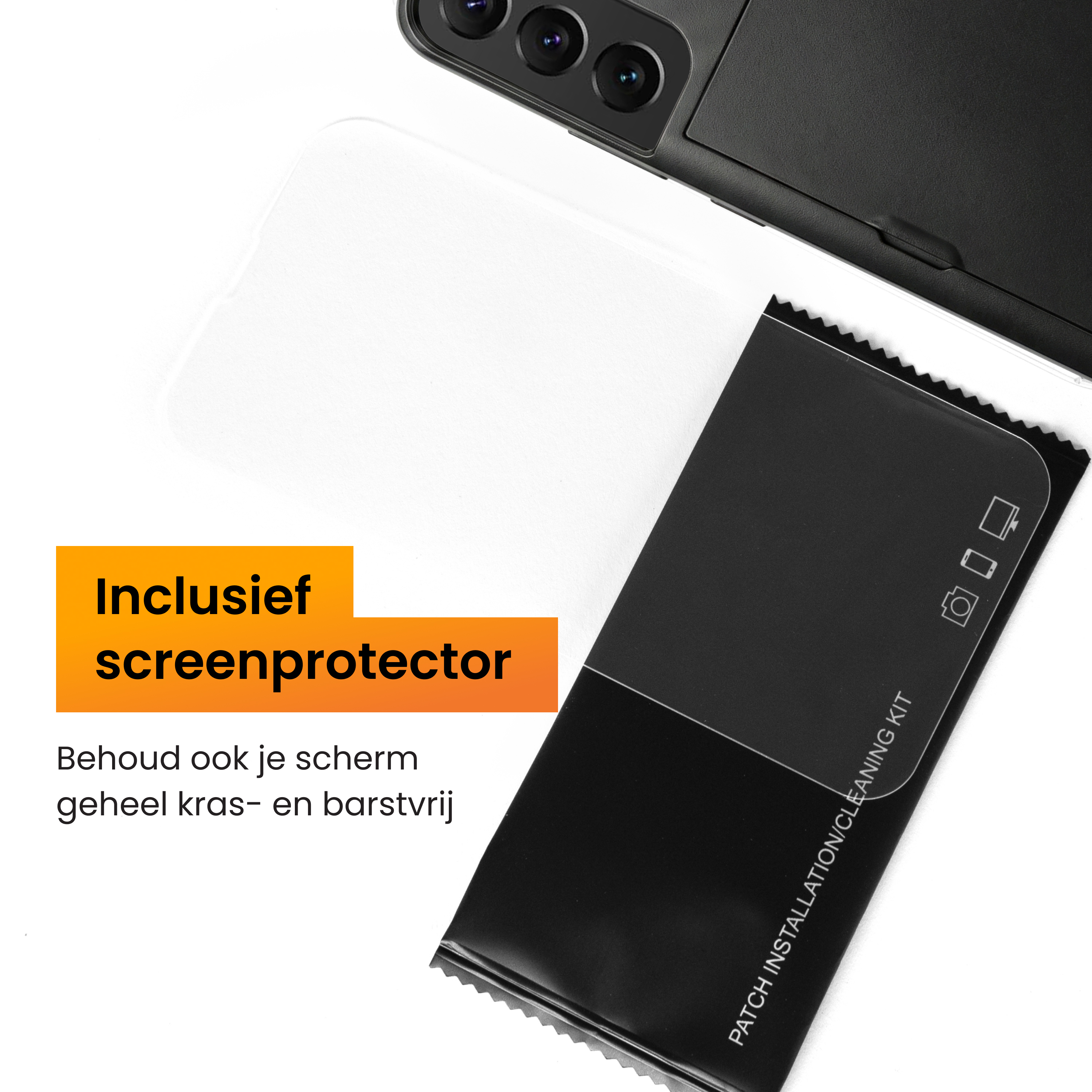 Un smartphone avec caméra, protecteur d'écran et kit de nettoyage.