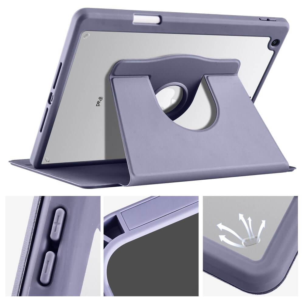Un iPad violet avec un support, des boutons et des aérations.