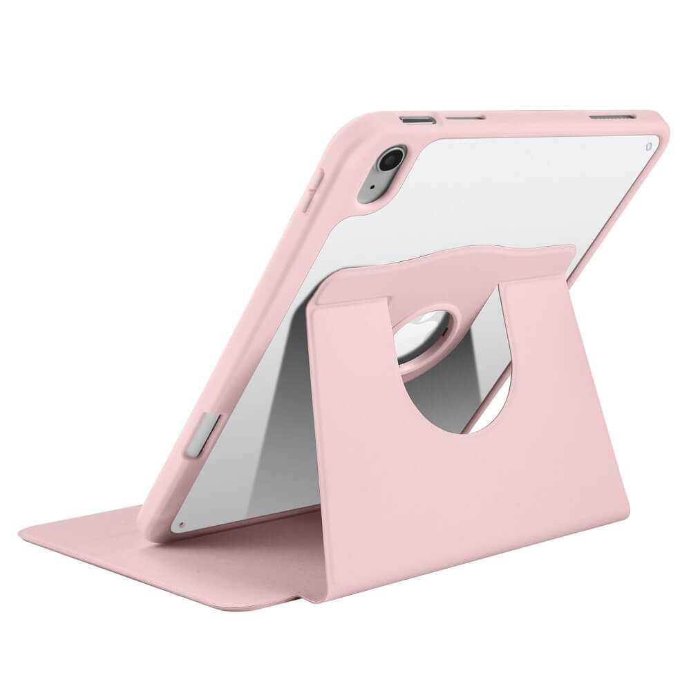 Une tablette rose avec un support et un dos transparent sur fond blanc.