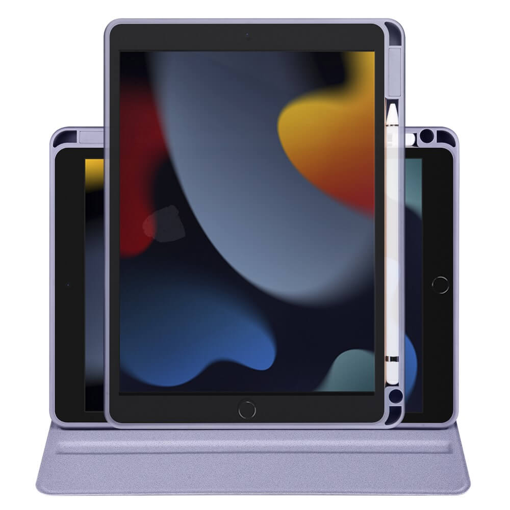 Trois iPads violets avec stylets et étuis sur fond blanc.