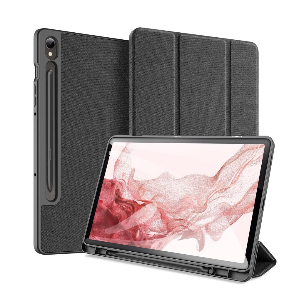 Ein schwarzes Tablet mit Stifthalter und einer Schutzhülle im Ständer-Modus.