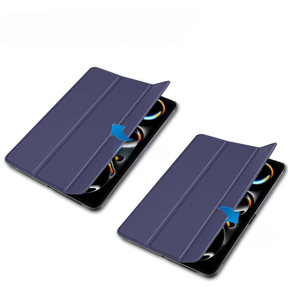 Deux étuis bleus foncés pour tablette avec des flèches bleues pointant vers l'écran.