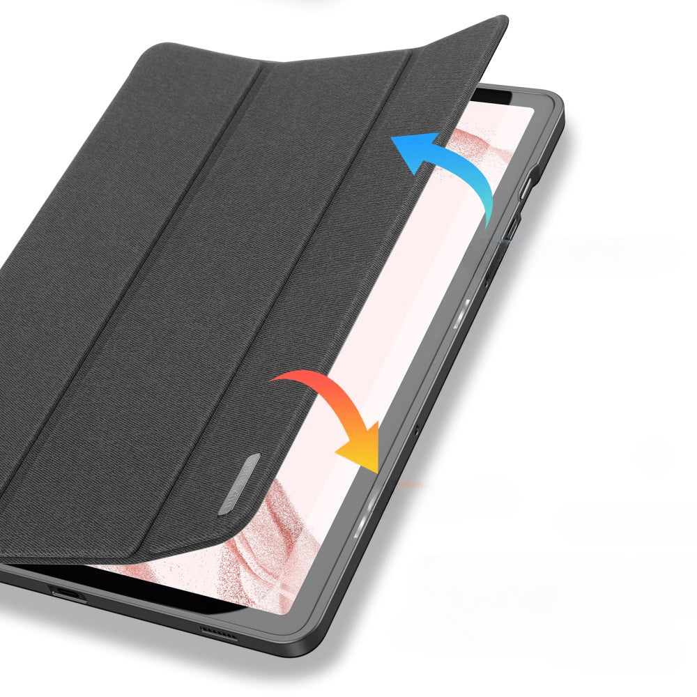 Ein schwarzes Tablet mit einer geöffneten Schutzhülle, die Pfeile zeigt.