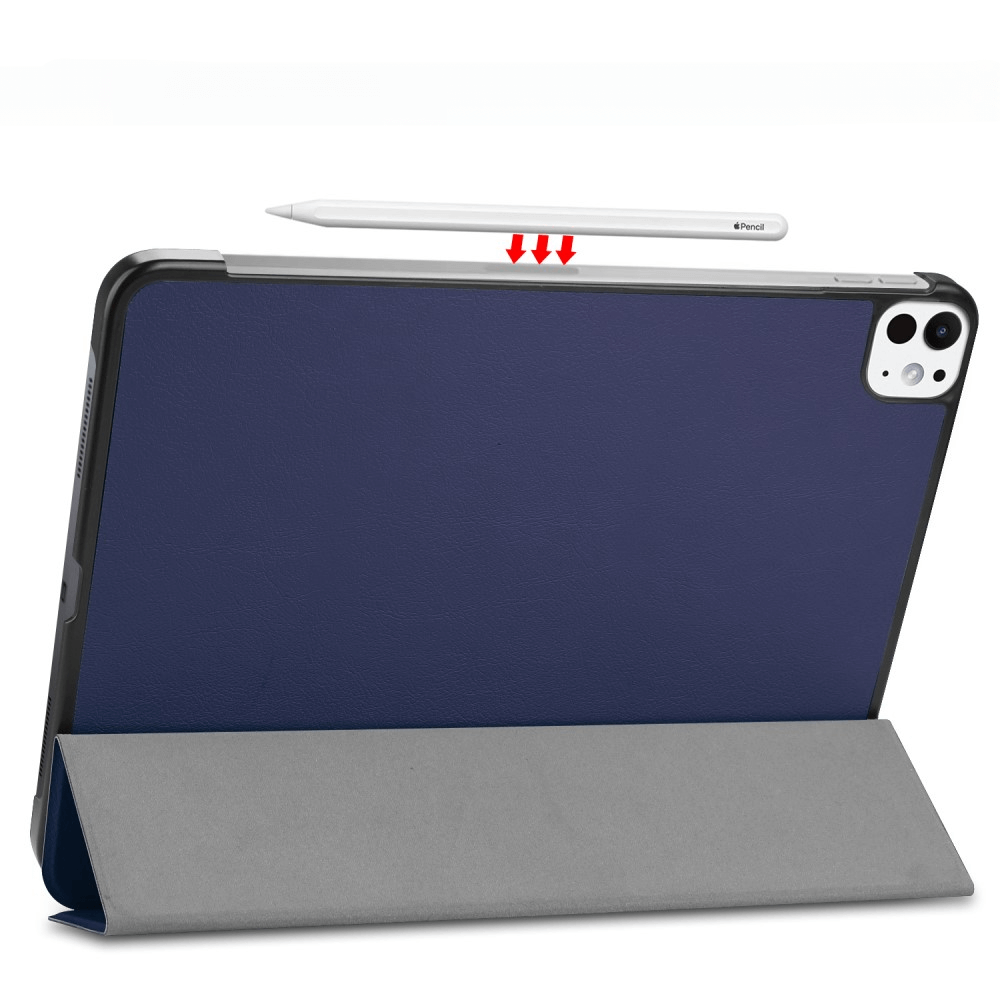 Une tablette bleue avec support pour stylet et un support gris.