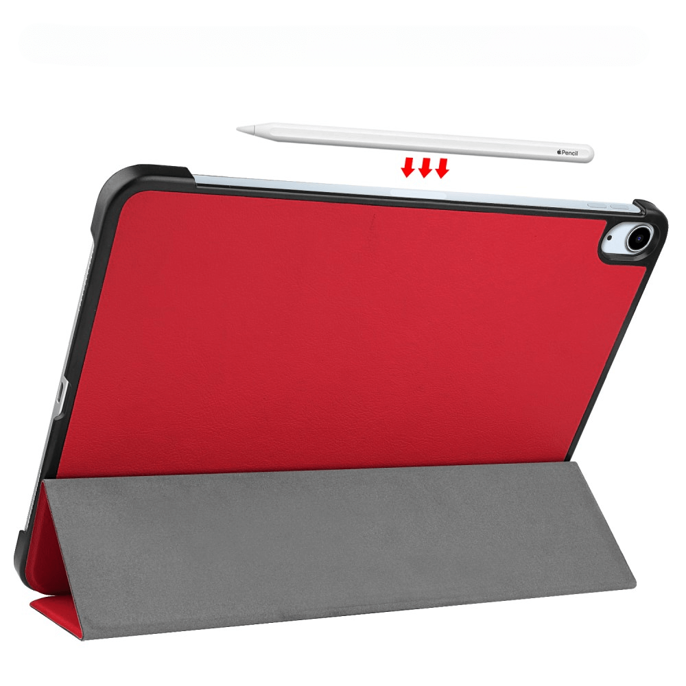 Étui rouge pour tablette avec stylet et flèches rouges pointant vers le bas.