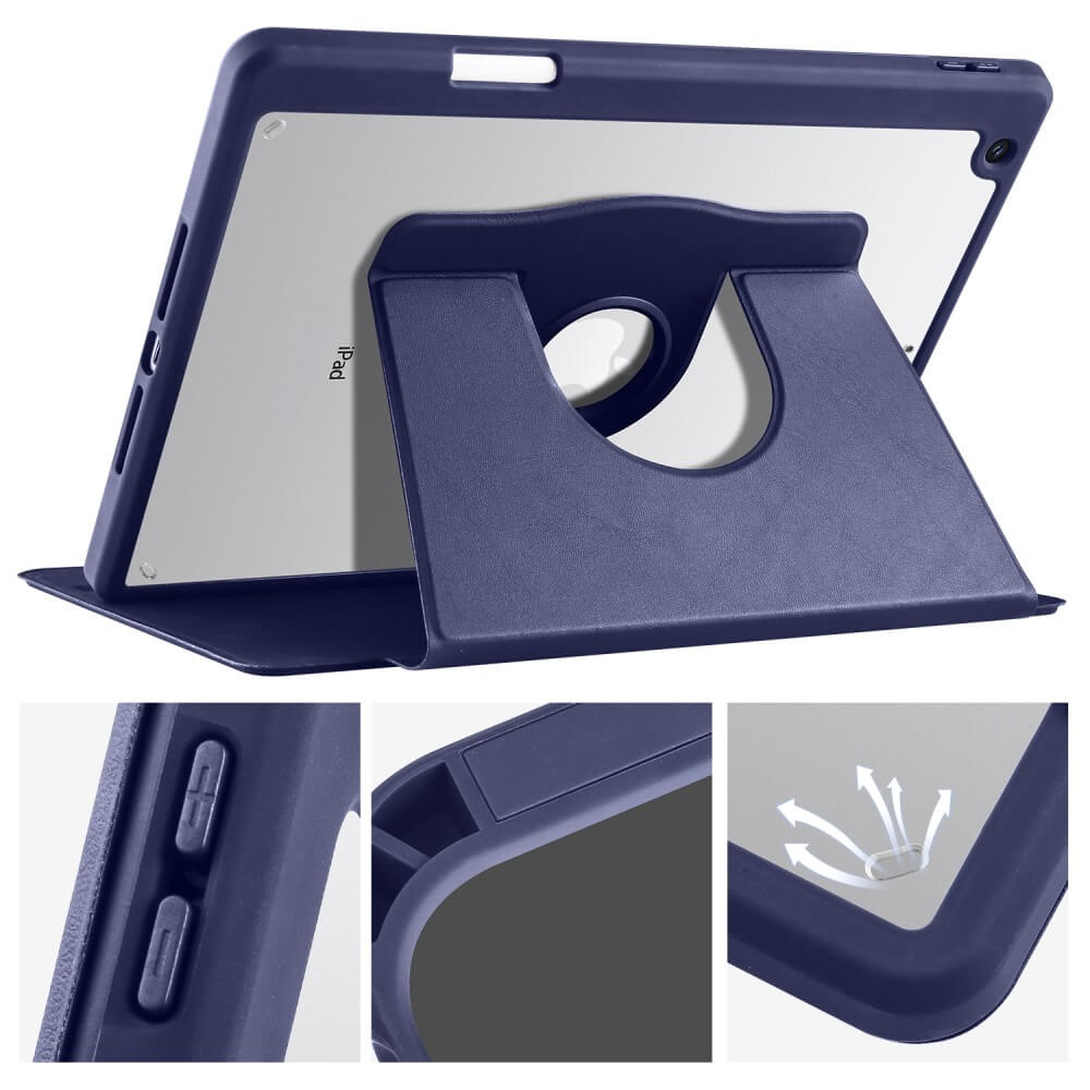 Une tablette bleue sur un support, gros plans des boutons et des fentes de ventilation.