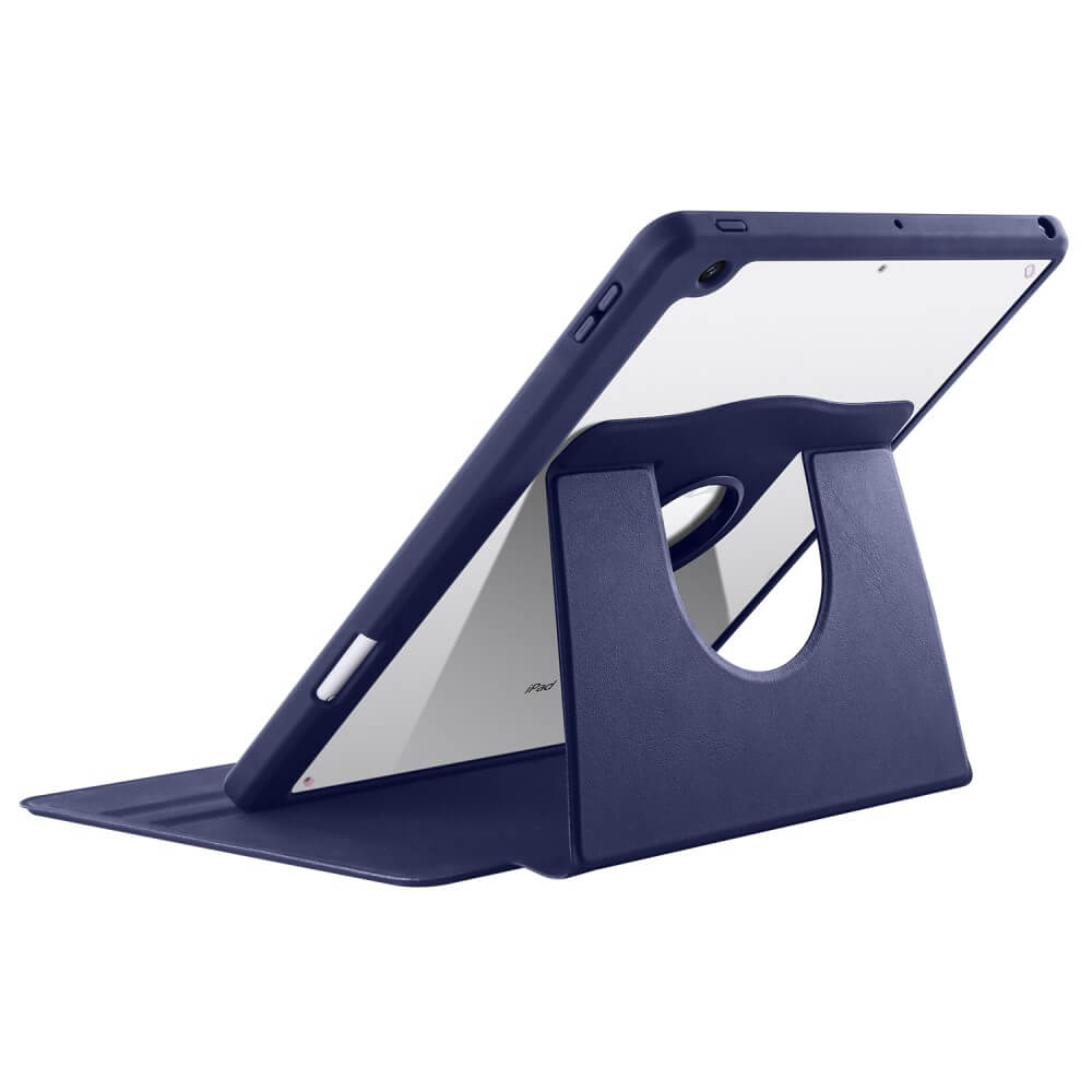 Une tablette bleue dans un étui avec support, sur fond blanc.