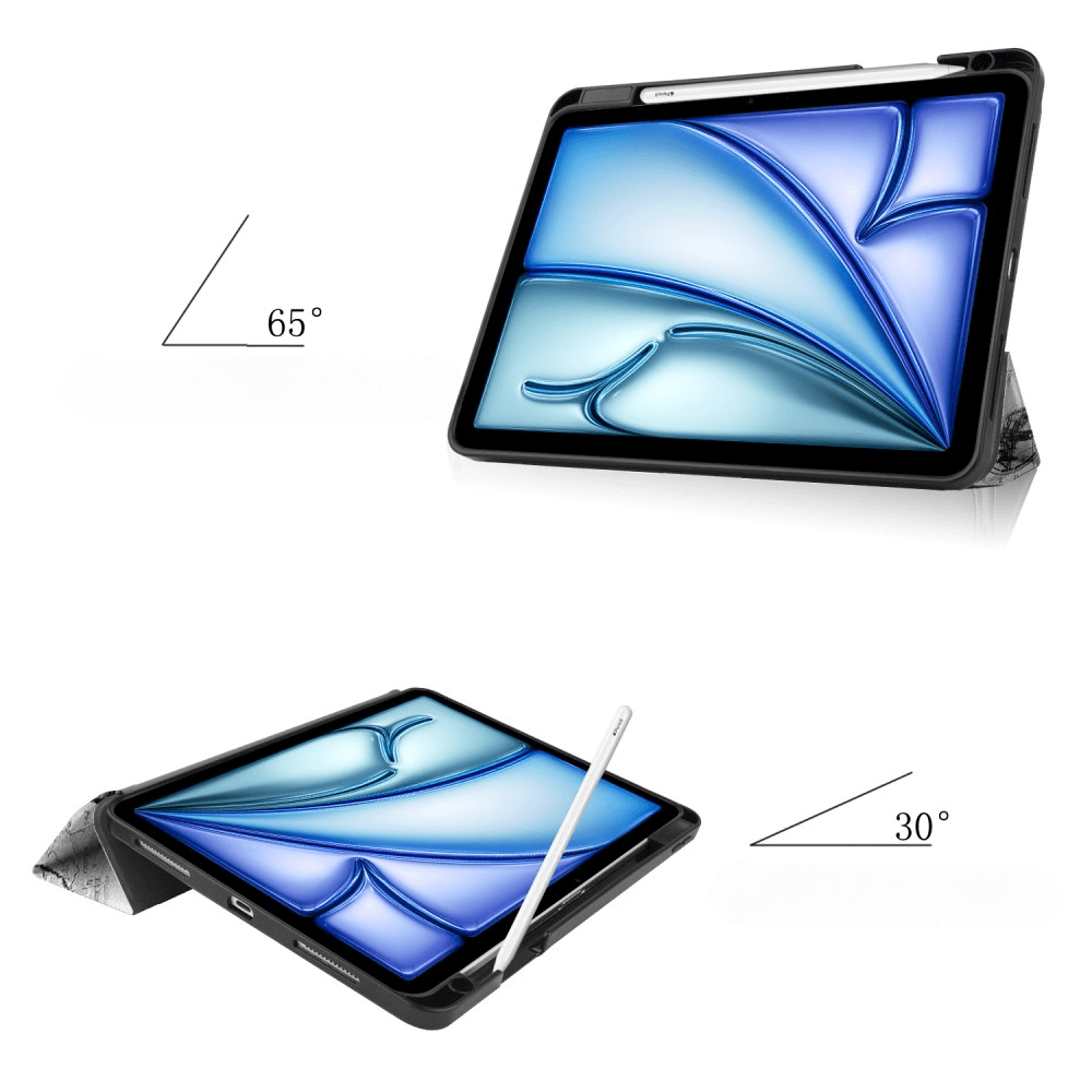 Une tablette dans un étui, avec stylet, vue à 65° et 30°.
