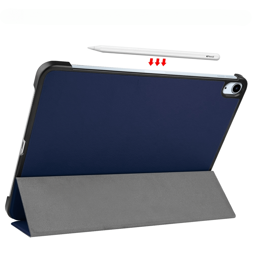 Une tablette avec une couverture bleu foncé et un stylet au-dessus.
