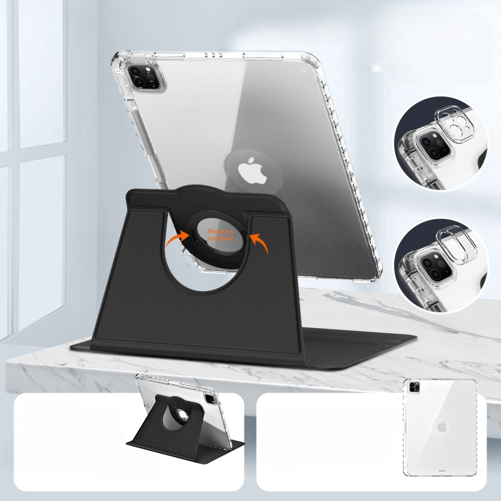 Coque de tablette transparente sur support noir avec flèches oranges et texte 'Press to release'.