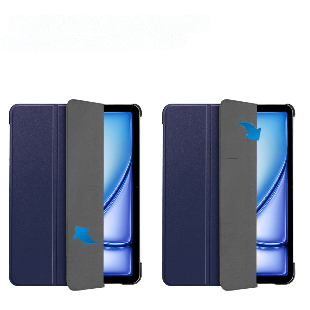 Deux étuis bleus pour tablette avec rabat ouvert révélant des tablettes.
