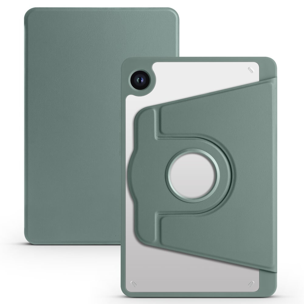 Custodia verde per tablet con supporto rotante e accesso fotocamera.
