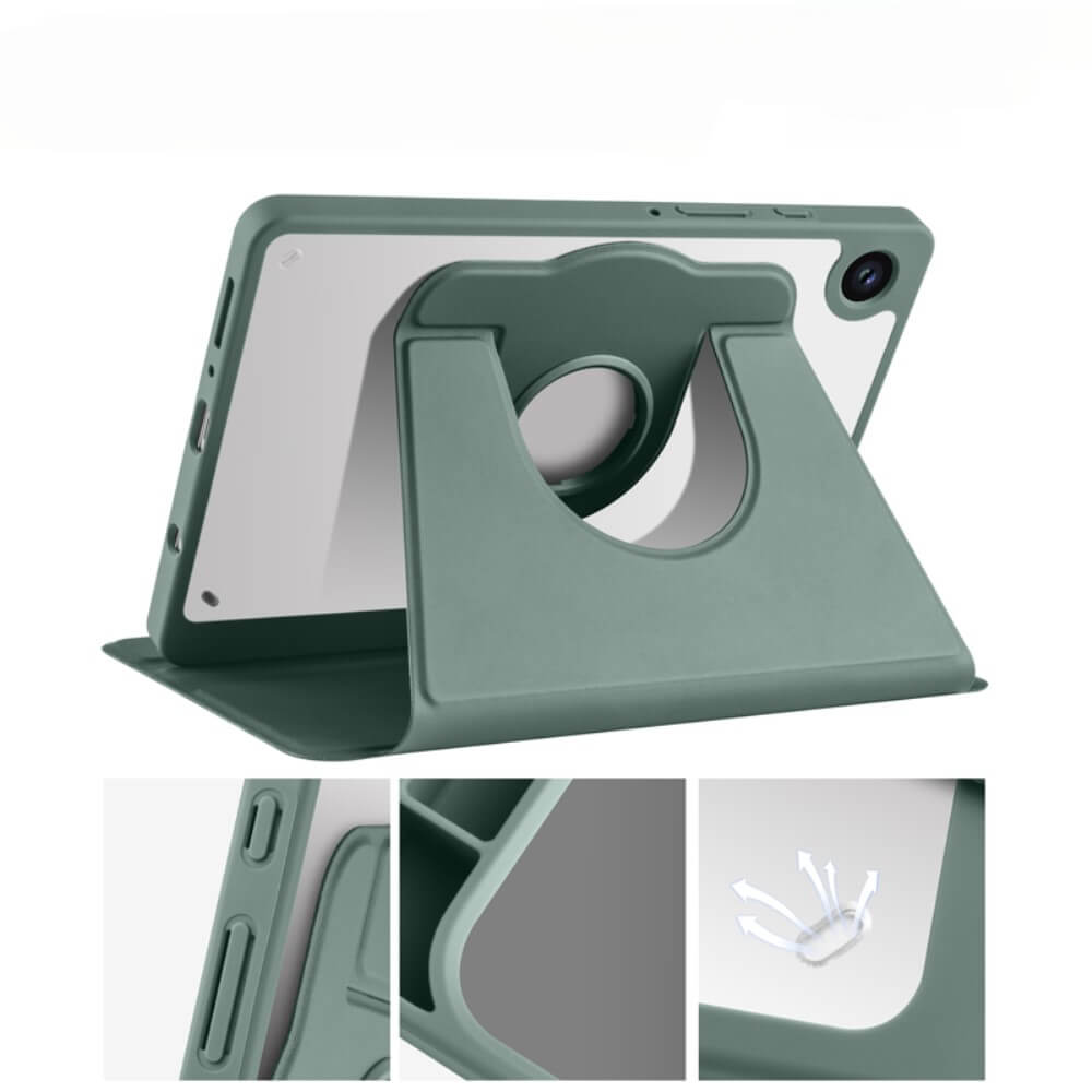 Custodia verde per tablet con supporto che la tiene in piedi.