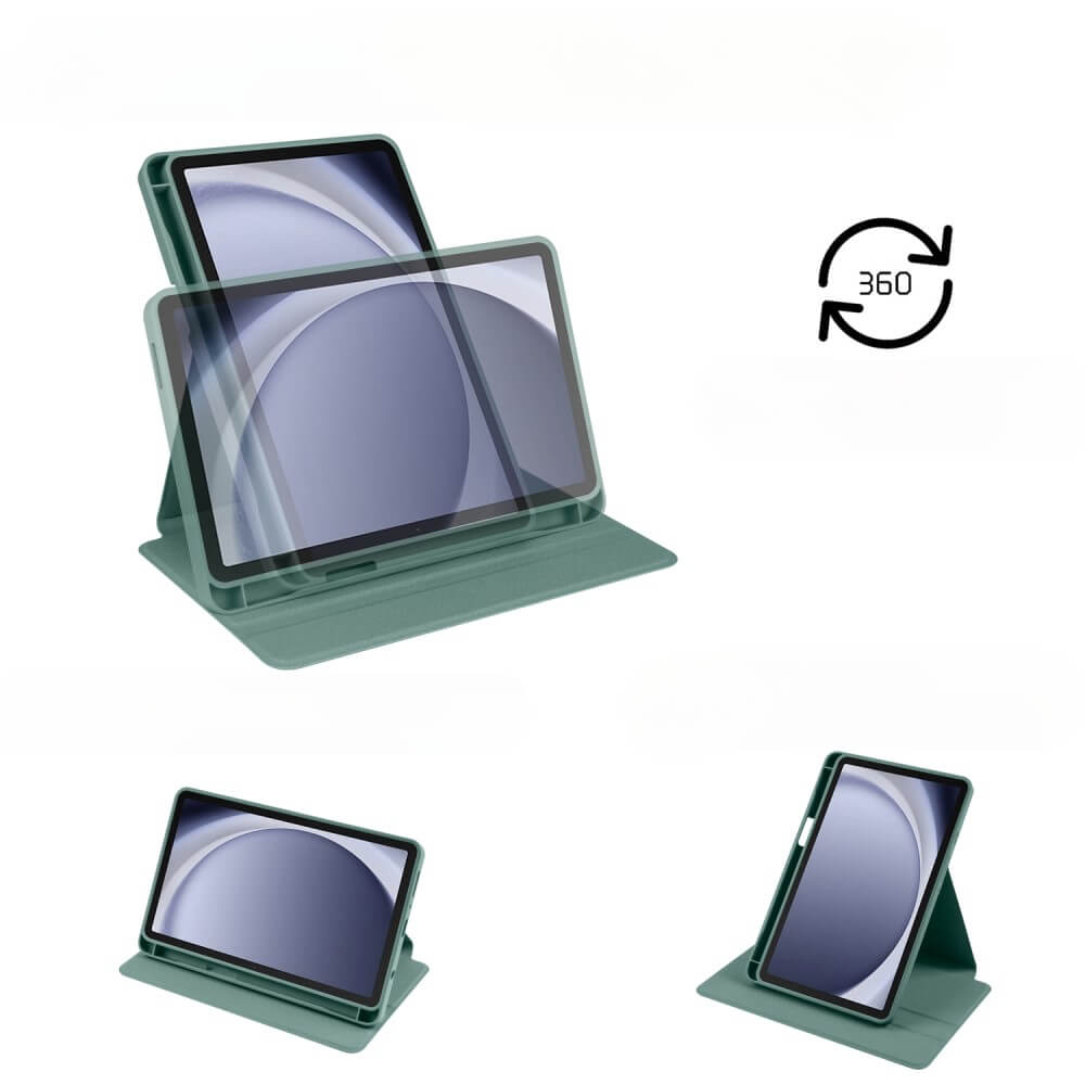 Custodia verde per tablet mostrata in varie angolazioni, con simbolo 360.
